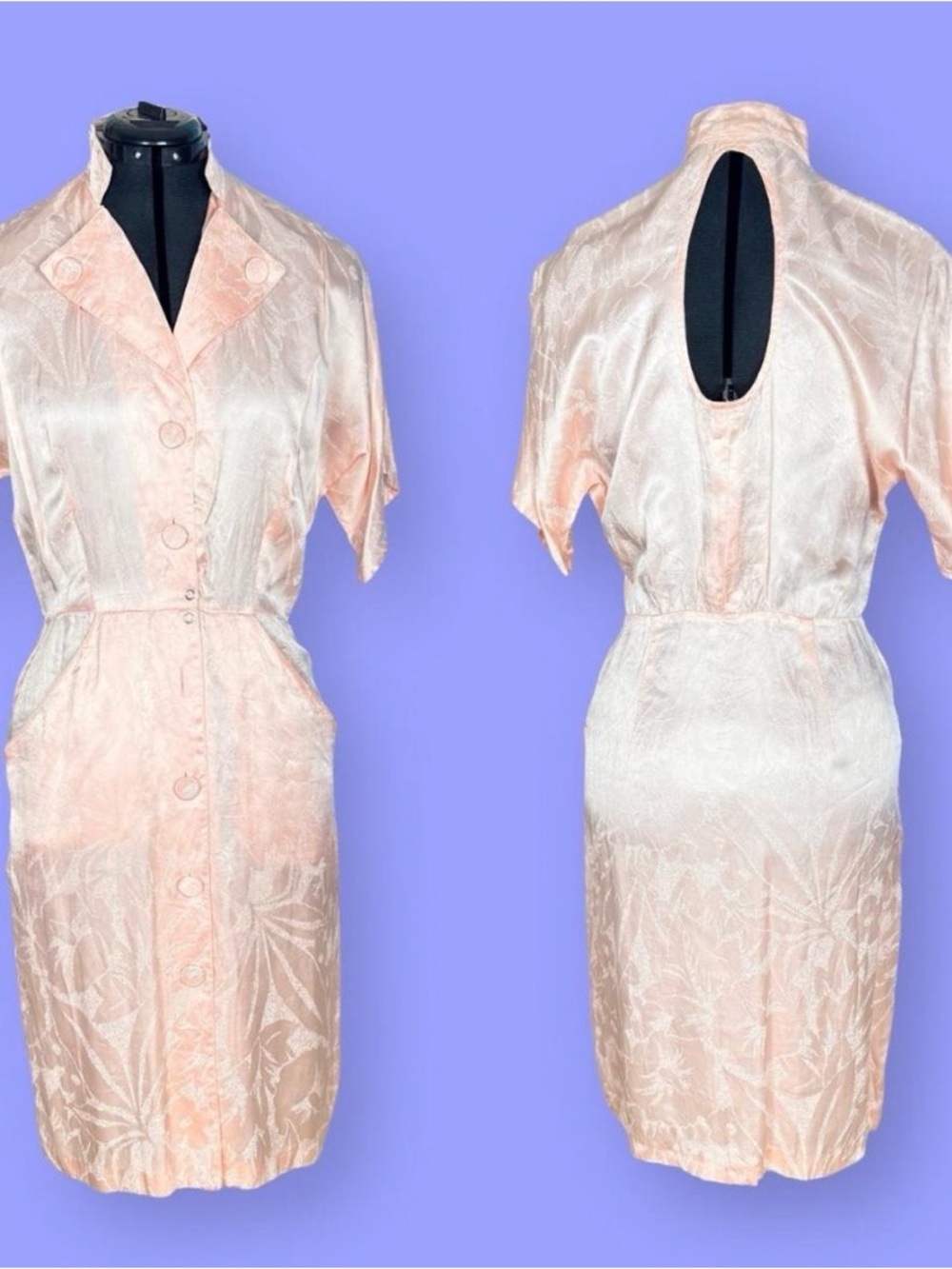 1980s Peach Satin Jacquard Midi Dress